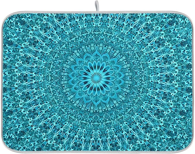 Super Absorbent Dish Drying Mat Microfiber Fast-Drying Dish Mat 16" x 18" Kitchen Dish Drying Pad Mandala Turquoise Teal Blue Green