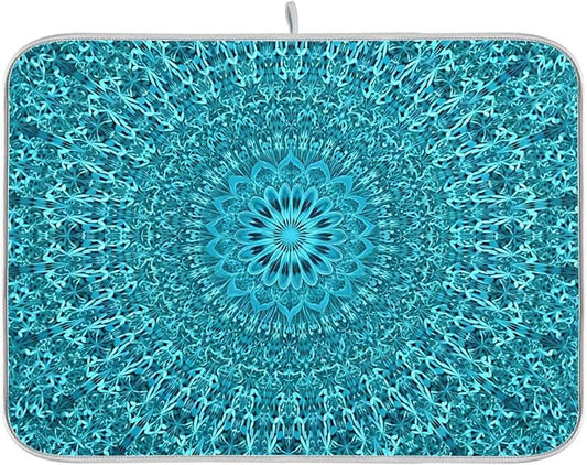 Super Absorbent Dish Drying Mat Microfiber Fast-Drying Dish Mat 16" x 18" Kitchen Dish Drying Pad Mandala Turquoise Teal Blue Green