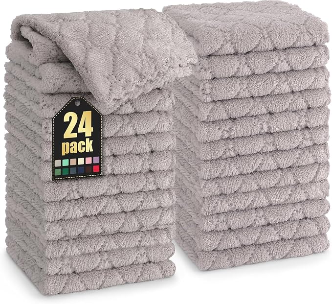 Homaxy 24 Pack Kitchen Dish Cloths (10 x 10 Inches, Grey), Super Soft and Absorbent Coral Velvet Dish Towels, Nonstick Oil Fast Drying Microfiber Cleaning Cloth, No Lint Household Dishcloths