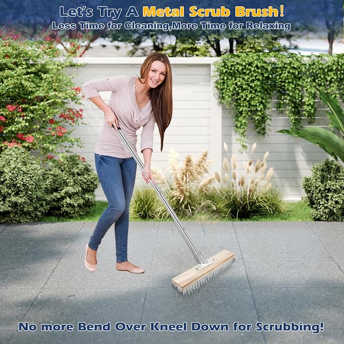 Floor Scrub Brush, Concrete Outdoor Broom Long Handle Cleaning Tool | Metal Wire Pool Deck Brush Stainless Steel, Garage Patio Gunite Tile Algae Moss for Scrubbing Heavy Duty