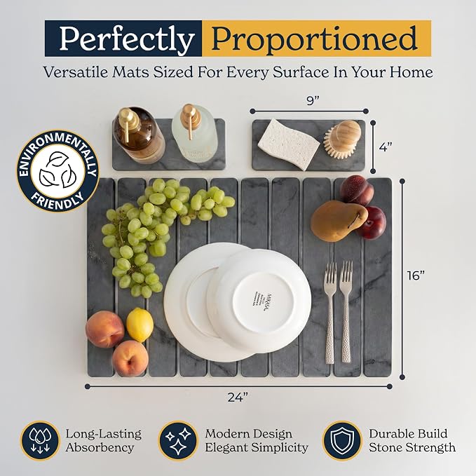 Oleex 3-Pack Stone Dish Drying Mat Set Includes 1 Large 24”x16” & 2 Small 4”x9” for Kitchen Counter-Collapsible Diatomaceous Earth Pad Absorbs Water & Dries Dishes Fast, Non-slip, Odor-Resistant Mats