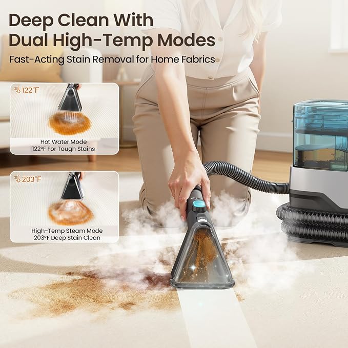 Portable Steam Carpet Cleaner, 203°F High Temp Steam & 18,000Pa Suction, Deep Stain & Odor Removal, Spot Cleaner for Pets, Kids, Home Upholstery, Stairs & Car Detailing