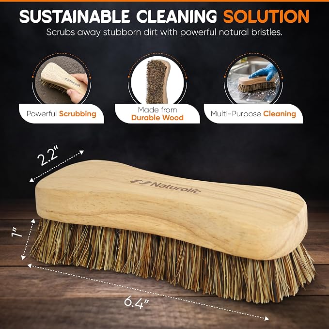 All-Natural Wooden Scrub Brush Set | Wooden Handle | Palmyra Bristle Brush for Cleaning | Eco Friendly Cleaning Products | Scrub Brush Set of 2