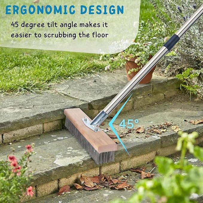 Stainless Steel Wire Scrub Brush with Long Handle, Heavy Duty Wire Broom for Outdoor Floor, Moss Remover for Patio Deck Garden Garage, 124cm/48.8in with 4 Extension Poles