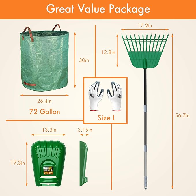 Gardzen Plastic Large Leaf Scoop & 12 Tines Gardening Leaf Rake Set, Comes with 72 Gallon Garden Bag