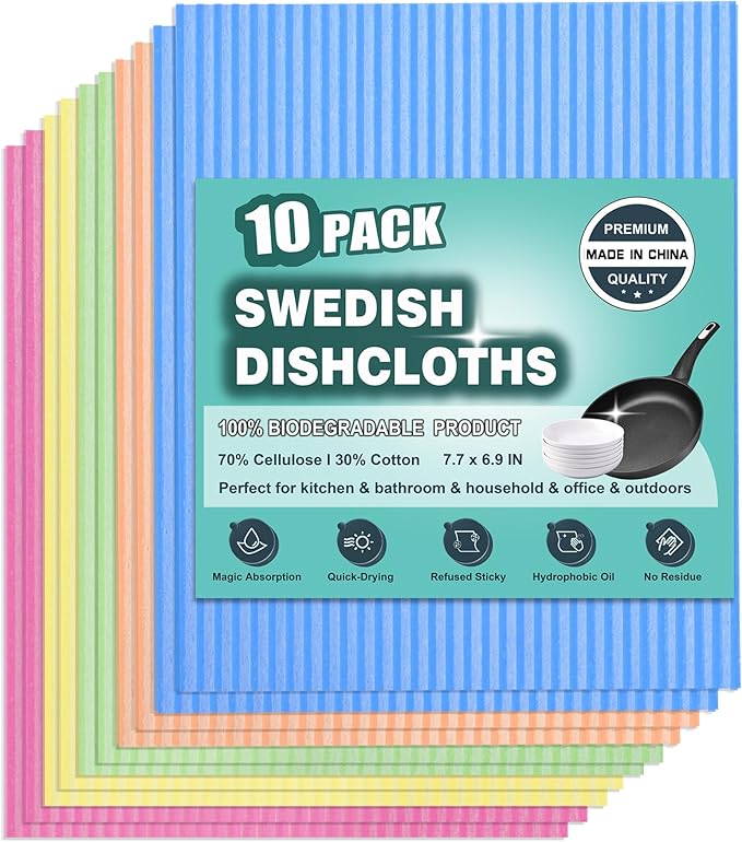 METUUTER 10 Pack Swedish DishCloths for Kitchen Cleaning Dish Cloths | Reusable Kitchen Dishcloths, Swedish Dish Towels Compostable Cellulose Dish Clothes for Household, Multi-Surface Use