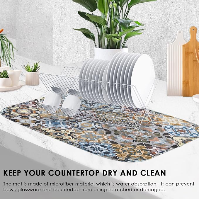 Sanwarm Absorbent Dish Drying Mat, Retro Colorful Tiles Vintage Floral Microfiber Pad for Kitchen Counter, Coffee Bar Decor, Heat Resistant and Reversible, 18" x 24"