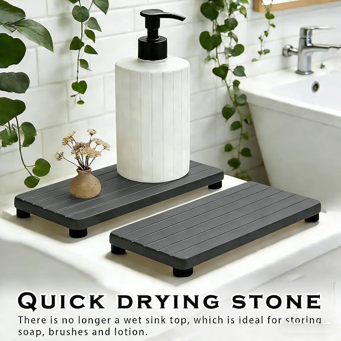 2PCS Stone Drying Tray, Water Absorbing Stone Tray for Sinks, Neat Diatomite Sink Trays, Fast Drying Kitchen Sponge Hand Soap Holder, Instant Dry Sink Coasters Used for Bathroom Counter -Dark Gray