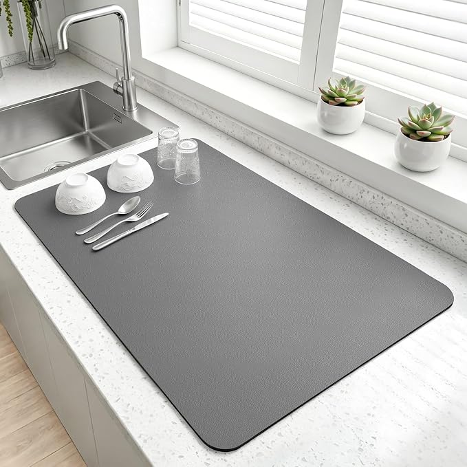 LOPNUR Kitchen Dish Drying Mat, 24"x16" Large Dish Drying Mats for Kitchen Counter, Diatomite Coffee Mat, Super Absorbent Dish Drying Pad, Heat Resistant Mat with Anti-slip Rubber Backed, Grey