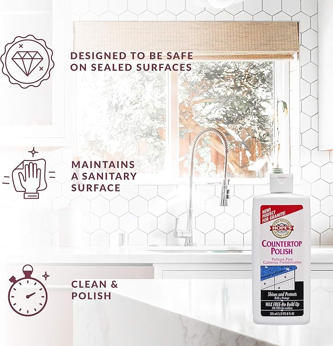 HOPE'S Countertop Restoration Polish, Streak-Free Kitchen Counter Cleaner, No Buildup on Countertops, Quartz, Marble, Corian, Composite, and Granite Polish, 8 Fl Oz, Pack of 3