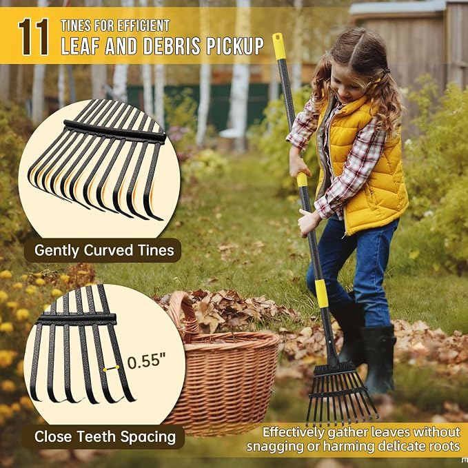 Leaf Rake, Small Rake for Leaves with 30"-60" Adjustable Long Handle, 11 Tines 8.5" Wide, Metal Rakes Heavy Duty for Lawns, Gardening, Yard, Camping, Shrub, Grass, Bush, Weed, Debris
