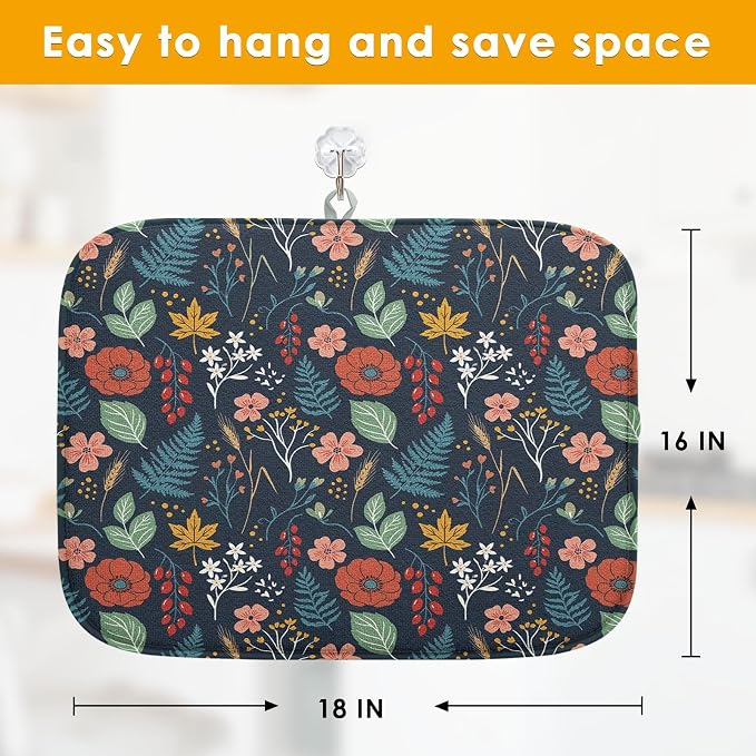 Sanwarm Absorbent Dish Drying Mat, All Lace Colorful Flowers Ornaments Microfiber Pad for Kitchen Counter, Coffee Bar Decor, Heat Resistant and Reversible, 16" x 18"