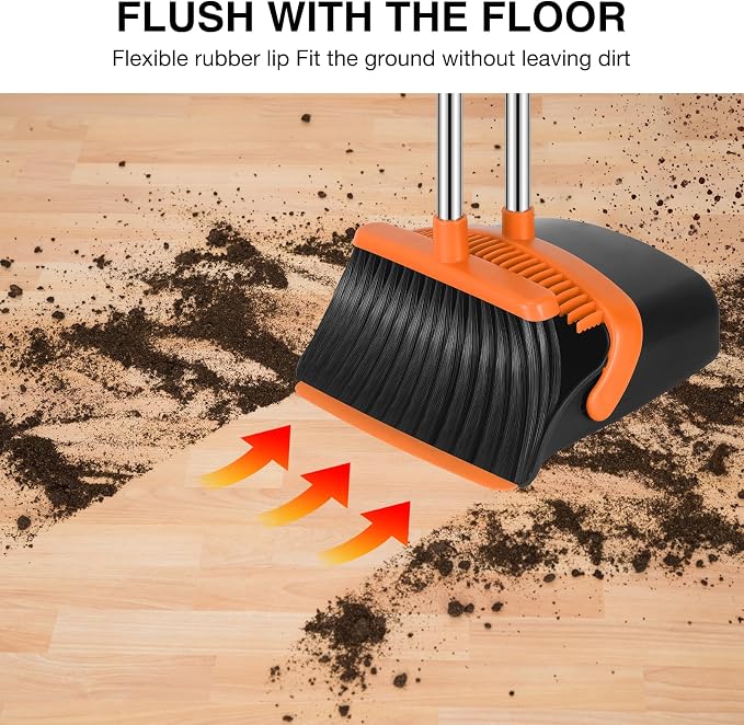 NACENA Broom and Dustpan Set with 52-in Long Adjustable Handle,Black Orange | Broom Dustpan Combo with Dustpan Teeth to Automatically Clean Hair Suitable for Home Kitchen Office Hall Floor