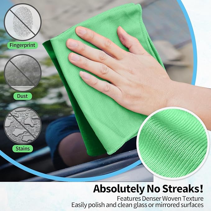 Microfiber Cleaning Cloth, 6 Pack Glasses Cleaning Cloth, 16" ×14" Window Cleaning Rags, Streak Free Lint Free Polishing Cloths Wipes for Eye Glass Stainless Steel Windshield, Sage Green