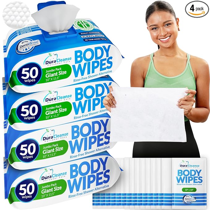 XL Body Wipes for Adults - (4 Pack) 200 Adult Shower Wipes + 16 Travel Bath Sheets - 10"x11.5" Thick Cleansing Waterless Wash Cloths - Incontinence Disposable Washcloths for Elderly Bathing No Rinse