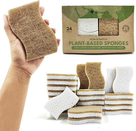 AIRNEX Natural Kitchen Sponges (24 Pack) - Biodegradable Cellulose & Coconut Scrubber Dish Sponges for Kitchen - Eco-Friendly, Non Scratch, Compostable, Non Toxic S-Shaped Natural Sponges for Dishes