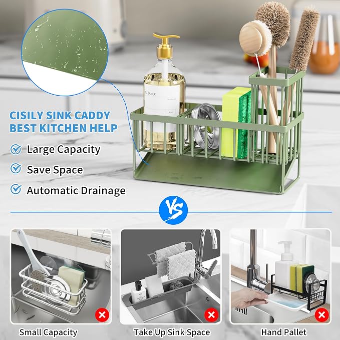 Cisily Kitchen Sink Caddy, Sponge Holder for Kitchen Sink, Kitchen Sink Organzier and Storage with High Brush Holder, 304 Stainless Gadgets Sink Accessories, Organizadores de Cocina Sage Green