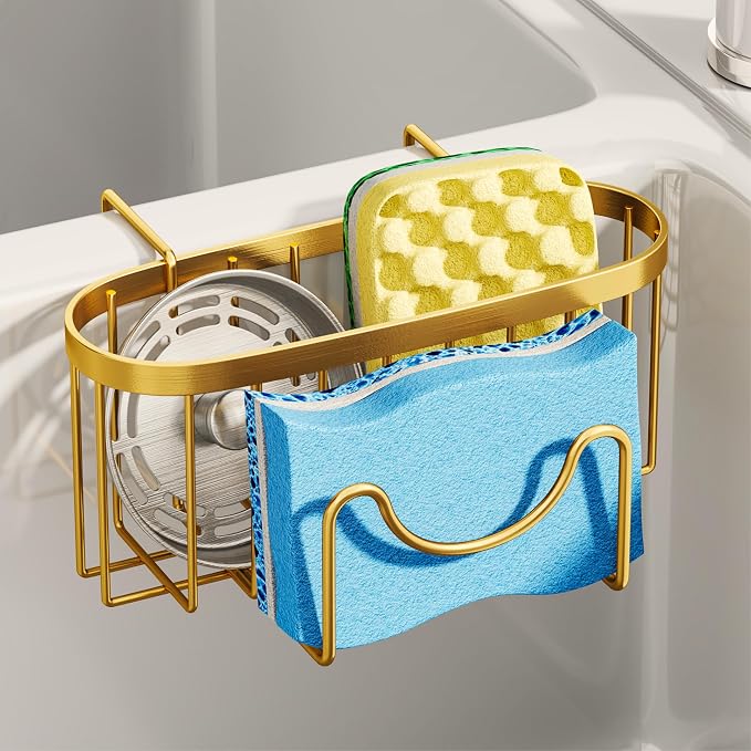 SWTYMIKI Sponge Holder for Kitchen Sink - Movable Kitchen Sink Caddy with M Shape Hook, Stainless Steel Hanging Sponge Caddy for Dish Sponge, Brush, Stopper Organizer in Double Sink, Gold