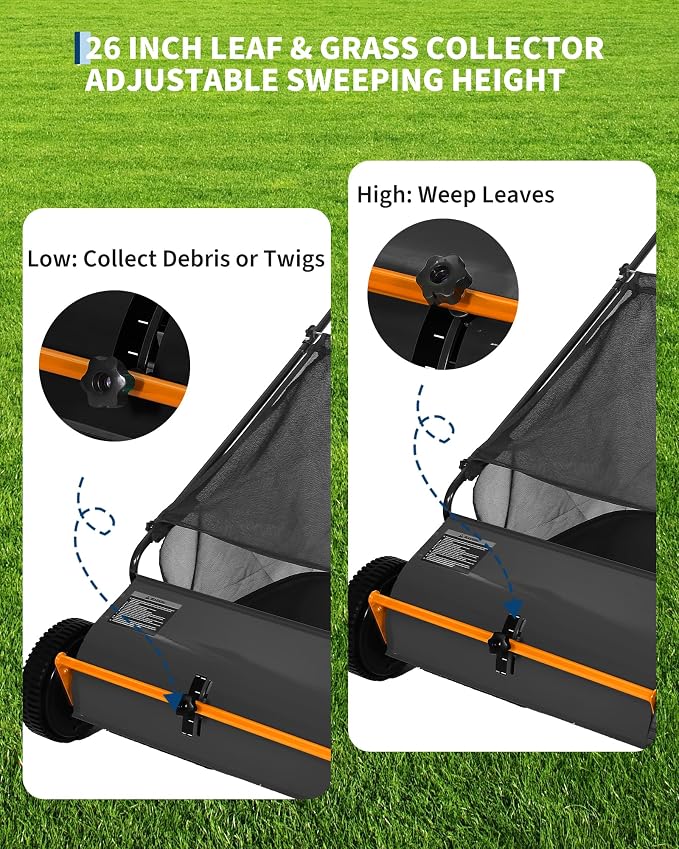 Garvee 26" Push Lawn Sweeper, Heavy Duty Walk Behind Leaf Collector | Yard Sweeper for Outdoor, Patio, Driveway, Garden Grass Sweepers, 4 High Speed Spinning Brush, 7 Cu. ft Hopper Capacity
