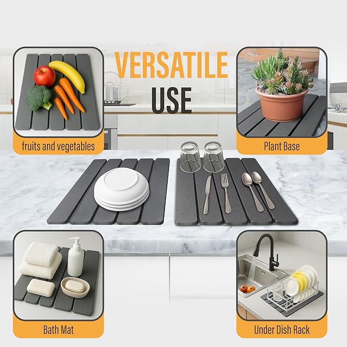 Large Foldable Stone Dish Drying Mat – Diatomaceous Earth, 2 Pack (12"x16" Each) or 24"x16" Combined – Fast Dry, Anti-Slip Pad, Sanding Tool & Instruction Manual for Kitchen and Bathroom, Dark Gray