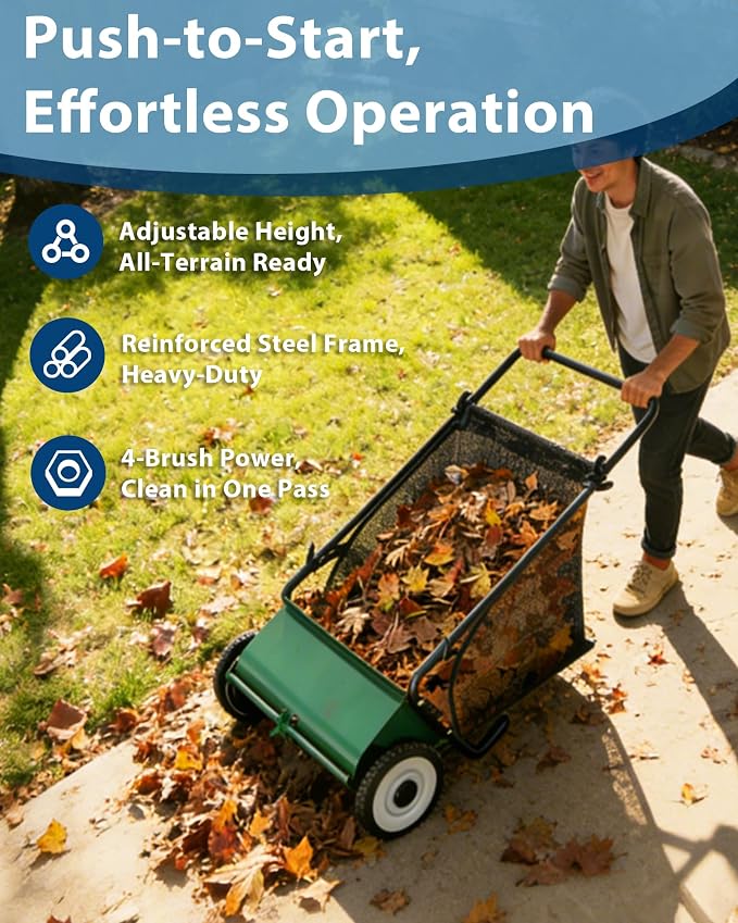 Garvee Push Lawn Sweeper,21-Inch Width Enhanced 4-Brush System with Large 3.5 cu. ft. Hopper Bag, Ideal for Yard and Garden Cleanup, Green | Brush Height Adjustment, All-Terrain Suitable, 3.5 cu.ft Hopper Bag, Durable Steel Frame, Easy Setup, Compact &...
