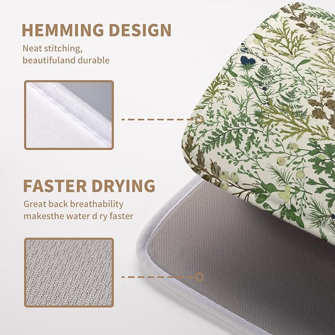 Sage Green Botanical Floral Dish Drying Mat for Kitchen Counter Vintage Herbs Fern Leaves Plant Drying Mats Absorbent Microfiber Dishes Drainer Mats Washable Dish Draining Pad Medium 16"x18"