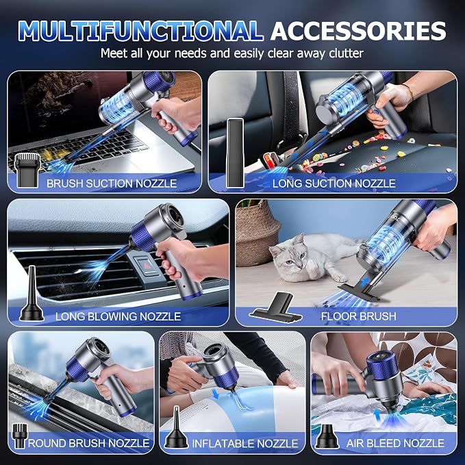 JONYJ Handheld Car Vacuum Cleaner Cordless, 16000PA Hand Held Vacuum Portable, 2 in 1 Air Duster and Mini Vacuum Cleaner Rechargeable with LED, Multi-Nozzles & Washable Filters for Home Office Car Pet