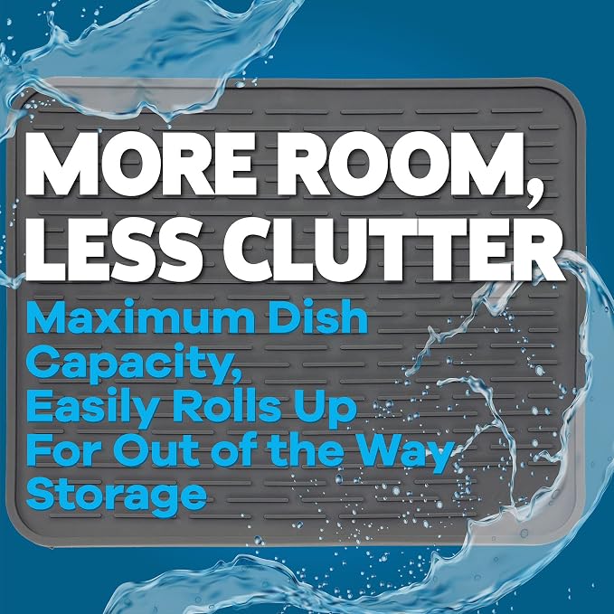 Large Silicone Dish Drying Mat for Kitchen Counter or Under Sink, 16" x 12" Large, Waterproof Pet Feeding Mat, Water Bowls, Under Drying Racks for Dishes, Coffee Bars, Bar Mats (Slate Grey)…