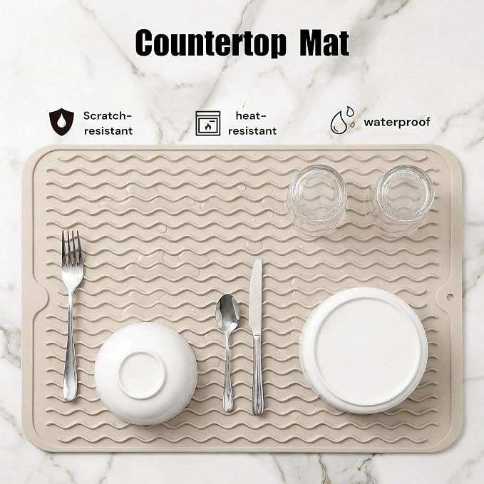 MicoYang Silicone Dish Drying Mat — Quick-Dry Ridges Counter & Sink Pad, Heat-Resistant Trivet to 450°F, Non-Slip & Dishwasher Safe, Roll-Up Storage, 18 Colors & 9 Sizes (Tapioca, 16"×12")