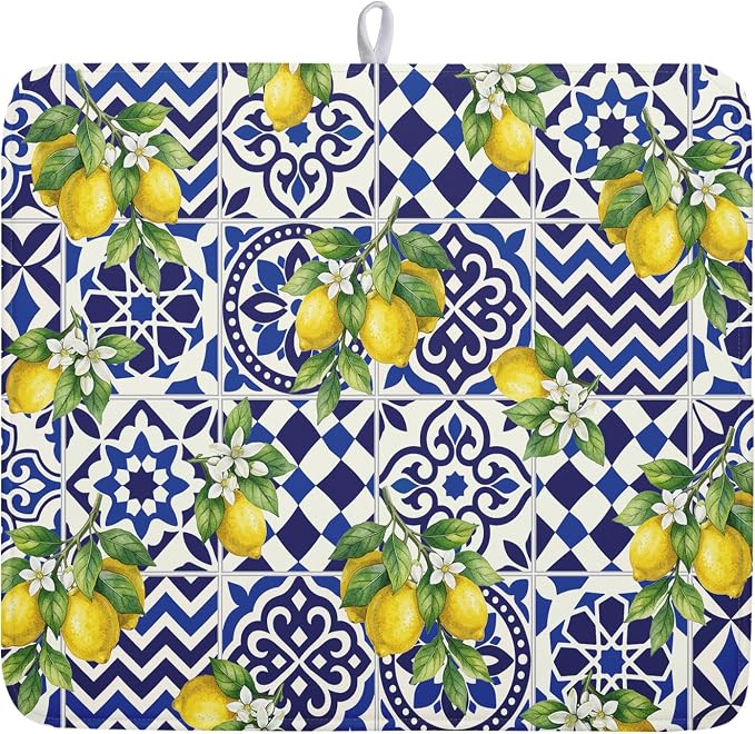 Lemon and Blue Tile Dish Drying Mat 16x18 Inch Absorbent Reversible Mexican Tilt Drying Mat Blue White Italy Lemons Dish Drying Rack Mat Summer Themed Dish Drainer Mat for Kitchen Counter Coffee Bar