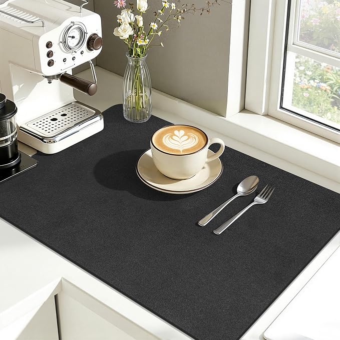 Findosom Dish Drying Mat, 16"x 24" Super Absorbent & Hide Stain Coffee Mat, Cuttable Drying Mat for Kitchen Counter, Coffee Bar Accessories, Under Dish Rack, Coffee Maker, Espresso Machine, Black-2