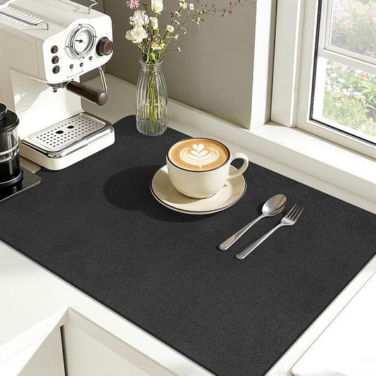 Findosom Dish Drying Mat, 16"x 24" Super Absorbent & Hide Stain Coffee Mat, Cuttable Drying Mat for Kitchen Counter, Coffee Bar Accessories, Under Dish Rack, Coffee Maker, Espresso Machine, Black-2