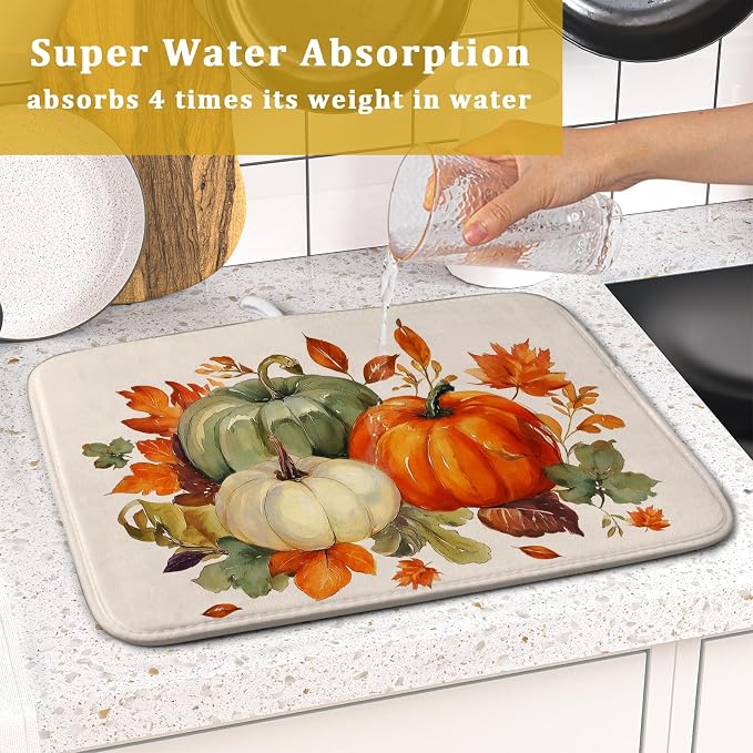 Giwawa Fall Pumpkin Dish Drying Mat Autumn Leaves Absorbent Dishes Pad 16x18 Inch Seasonal Microfiber Dish Drainer Rack Mat for Kitchen Countertop