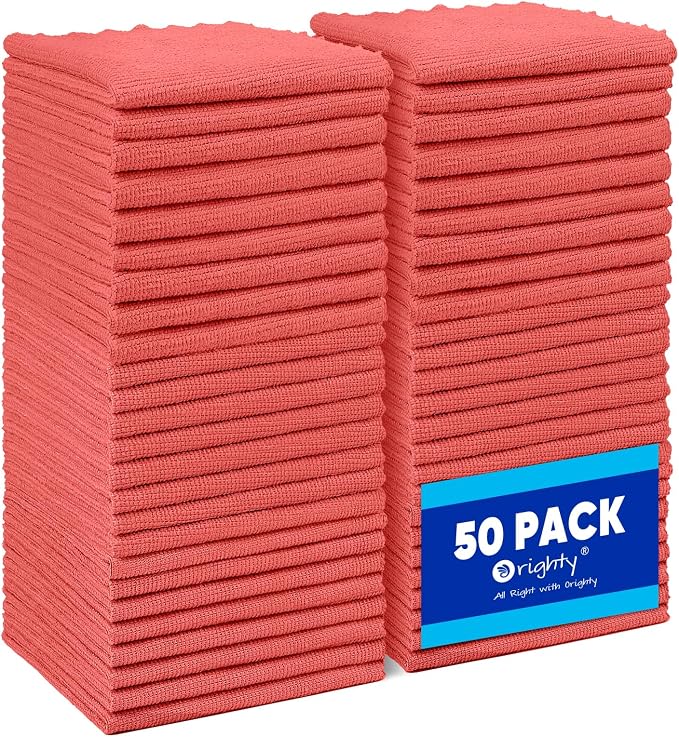 Orighty Microfiber Cleaning Cloth Bulk, Shop Towels Shop Rags 50 Pack, Reusable Microfiber Cleaning Rags for Cars, Multi-Purpose Lint Free Towels for Home & Kitchen, 12x12 Inch, Red