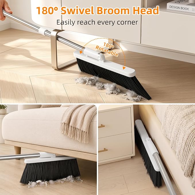 Broom with Dustpan Combo Set, 53" Long Handle, Includes 2 Broom Heads | Collapsible Broom and Dustpan Set, 180° Swivel Broom Head, 360° Lockable Dustpan, Built-in Hair Comb