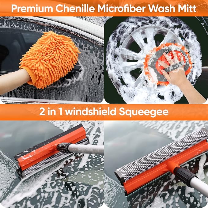 Wontolf 62'' Car Wash Brush with Long Handle, Scratch-Free Soft Bristles Sturdy Car Wash Mop, Complete Cleaning Brush Kit Wash Mitt Towel Windshield Squeegee Wheel Tire Brush for Car Truck RV Orange