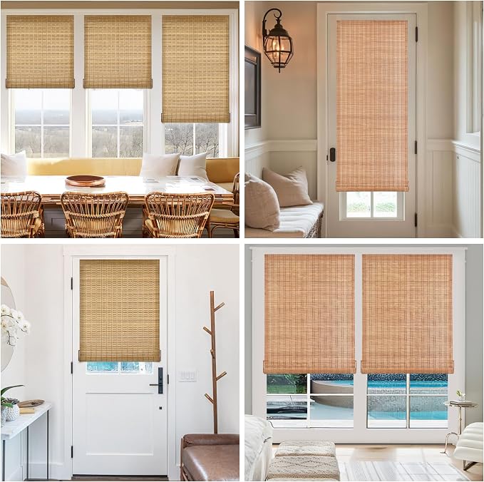 LazBlinds No Drill Bamboo Roller Shades, Whitewash B, 23" W x 64" H | No Tools Cordless Bamboo Blinds, Light Filtering Roll Up Blinds for Windows, French Door, Porch or Patio Privacy Screen