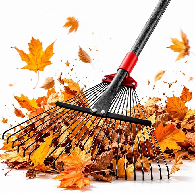 91Inch Adjustable Metal Leaf Rake, 18 Metal Tines Heavy Duty Leaves Rake for Lawns with 8-18" Expandable Head Long Handle Garden Rakes for Women Kids Leaves Yard Gardening Grass Outdoor Camping Debris