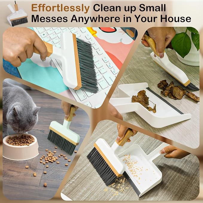 ThinkLearn Mini Dustpan and Brush Set, Bamboo Handle with Rubber Lip | Small Handheld Cleaning Set for Tight Spaces, Small Broom Dustpan for Home Car Camping