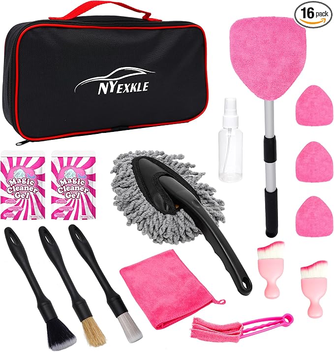 Car Interior & Glass Cleaning Kit, 16Pcs Car Detailing Kit | Car Duster Brushes & Detailing Supplies, Interior Car Cleaner with Windshield Cleaner Tool, Vent Brush & Microfiber Towel