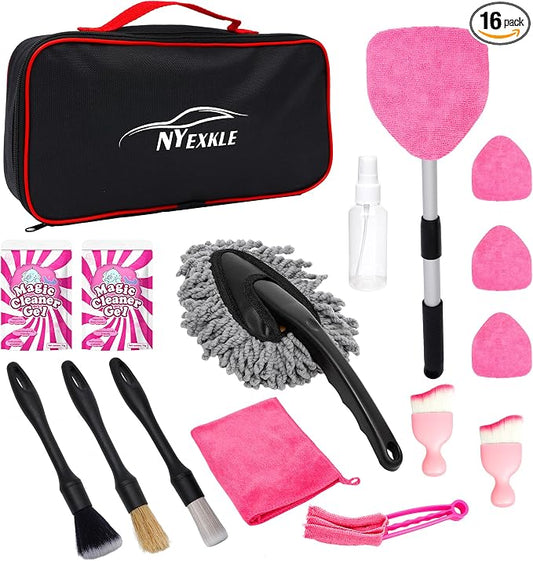 Car Interior & Glass Cleaning Kit, 16Pcs Car Detailing Kit | Car Duster Brushes & Detailing Supplies, Interior Car Cleaner with Windshield Cleaner Tool, Vent Brush & Microfiber Towel