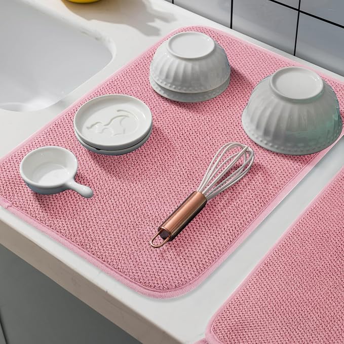 GeeRic Microfiber Dish Drying Mat, Super Absorbent Kitchen Dish Drying Pad, Reversible Gift Mats for Countertop, 17.8 * 23.6 inch Pink