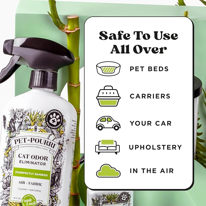 Pet-Pourri Air + Fabric Purrfectly Bamboo Cat & Home Deodorizer Spray, 16 Fl Oz, Up to 800 Uses, Pet Odor Remover with Essential Oils, for Air, Carpet, Urine, Vet Recommended, Bamboo, Jasmine & Pear