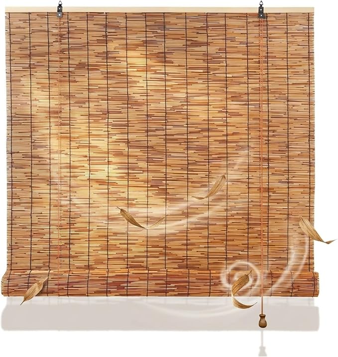 Retro Bamboo Shades for Outdoor Patio Privacy, Waterproof Bamboo Blinds, Natural Reed Bamboo Roll Up Blinds, Bamboo Roller Shades for Porch Gazebo Deck Windows, Sizes 16" to 80" Wide(42" W x 64" H)