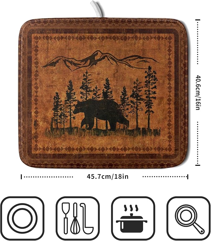 Forest Bear Dish Drying Mat 16x18 Inch Rustic Cabin Washable Microfiber Absorbent Dishes Drainer Rack Pad for Kitchen Counter Home Decor
