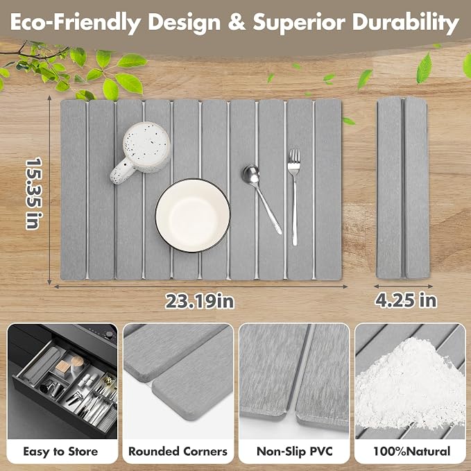 Large Stone Dish Drying Mat for Kitchen Counter, Eco-friendly, Instant Drying Pad,Diatomaceous Earth Water Absorbing Mat, Foldable and Super Absorbent Dish Drying Stone Mat, 24"×16", Light Gray