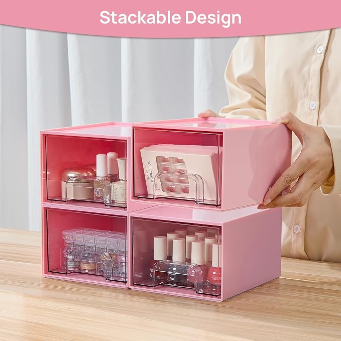 Vtopmart 4 Pack Small Clear Stackable Storage Drawers, Acrylic Bathroom Makeup Organizer, Plastic Storage Bins for Vanity, Undersink, Kitchen Cabinets, Pantry, Home Organization,Pink