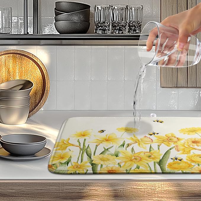 Spring Summer Daffodils Dish Drying Mats Spring Yellow Rose Dish Mat Drying Matt Floral Bee Dishes Dryer Pad for Kitchen Counter Absorbent Microfiber Washable Foldable Reusable 18x24 in