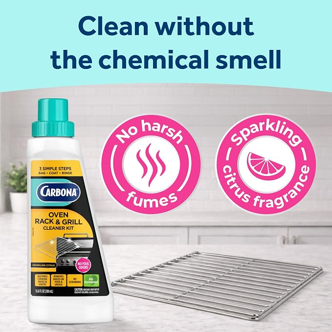 Carbona Oven Rack & Grill Cleaner Kit, Includes Bag & Gloves, Eliminates Thick Grease, Grime & Baked-On Food, Unscented Formula, No Scrubbing Required