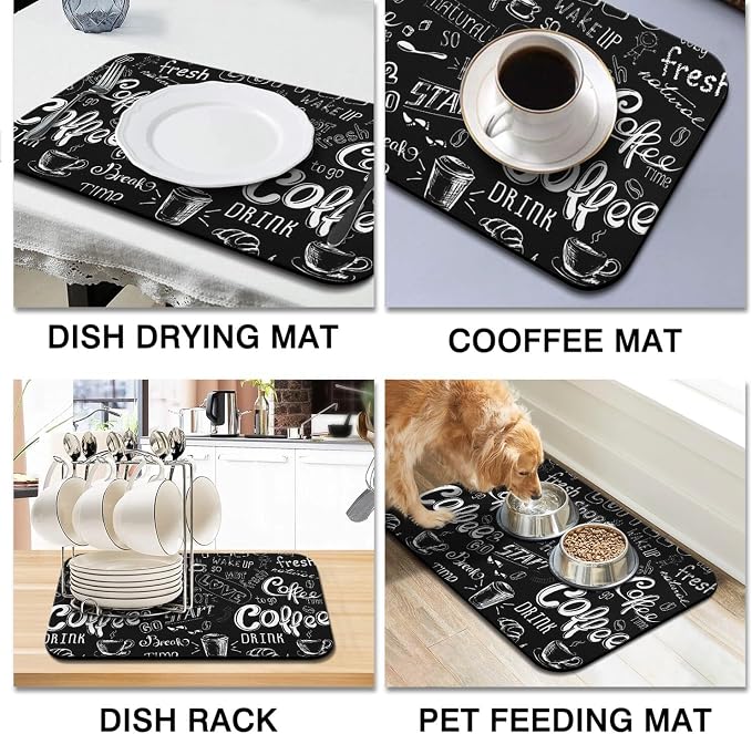 Dish Drying Mat 2-Pack in Coffee Bar Chalk for Kitchen Counter Dishes Mat | Diatom Mud Mats (18x24, 19.5x12"). Non-slip rubber back for kitchen counter, coffee bar & sink scenes